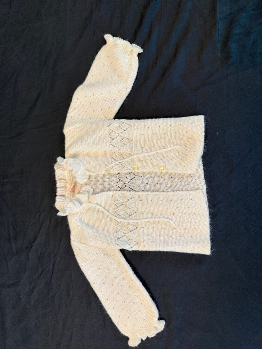 Vintage Renzo Italy White Knit Baby Cardigan Pom-Pom Tie 6-12m